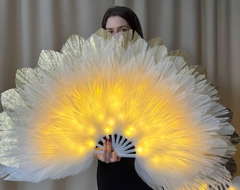 Glowing hand fan, white with gold fan with lights, hand fan, fluffy fan, accessory to dancing costume, folding fan, fan cover, fursuit fan