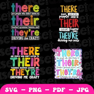 Puede incluir: Un diseño digital con cuatro gráficos basados en texto. Cada diseño utiliza las palabras "there", "their" y "they're" en varios colores y fuentes, con frases sobre lecciones de gramática. La parte inferior de la imagen incluye opciones de tipo de archivo.