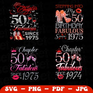 Könnte beinhalten: Vier verschiedene Designs für einen 50. Geburtstag. Jedes Design zeigt eine funkelnde diamantartige Schrift mit dem Text "Chapter 50 Fabulous" und dem Jahr "1975". Die Designs beinhalten auch eine Krone, ein Paar High Heels und Weingläser.