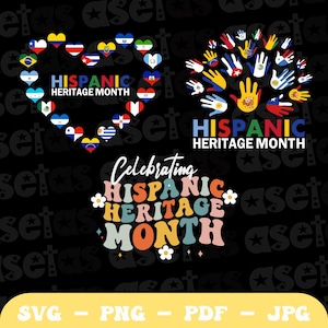 Peut inclure: Une conception numérique présentant trois designs graphiques différents célébrant le Mois du patrimoine hispanique. Le premier design est un cœur composé de drapeaux de différents pays hispaniques. Le deuxième design est un arbre dont les branches sont composées de mains de différentes couleurs. Le troisième design est un graphique rétro coloré avec le texte "Célébrer le Mois du patrimoine hispanique".