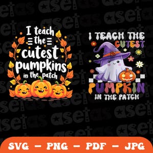 Peut inclure: Deux motifs sur le thème d'Halloween avec le texte « J'enseigne les citrouilles les plus mignonnes du potager ». L'un présente trois citrouilles souriantes, l'autre un fantôme avec une citrouille et un chapeau de sorcière. Le bas affiche les types de fichiers.