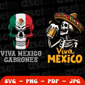 Peut inclure: Une conception numérique présentant deux images. La première image est un crâne aux couleurs du drapeau mexicain et le texte "Viva Mexico Cabrones". La deuxième image est un squelette portant un sombrero buvant de la bière avec le texte "Viva Mexico".