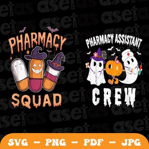 Peut inclure: Un design graphique sur le thème d'Halloween noir et orange avec deux designs différents. Le design de gauche présente une équipe de pharmacie avec trois personnages en forme de pilule portant des chapeaux de sorcière. Le design de droite présente une équipe d'assistants en pharmacie avec trois personnages en forme de fantôme portant des chapeaux de sorcière et une citrouille. Le texte "Pharmacy Squad" est écrit en orange et le texte "Pharmacy Assistant Crew" est écrit en orange.