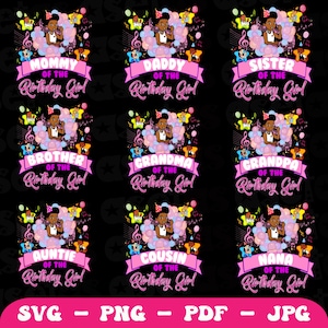 May include: A set of nine digital designs featuring a black and pink birthday girl theme. Each design features a different family member title, such as "Mommy of the Birthday Girl", "Daddy of the Birthday Girl", "Sister of the Birthday Girl", "Brother of the Birthday Girl", "Grandma of the Birthday Girl", "Grandpa of the Birthday Girl", "Auntie of the Birthday Girl", "Cousin of the Birthday Girl", and "Nana of the Birthday Girl".