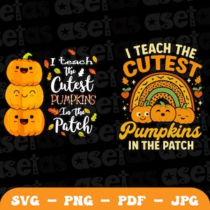 Peut inclure: Un design graphique noir avec deux illustrations sur le thème d'Halloween. L'un montre une pile de trois citrouilles souriantes avec le texte "I teach the Cutest Pumpkins in the Patch". L'autre montre un arc-en-ciel avec trois citrouilles et le texte "I teach the Cutest Pumpkins in the Patch."