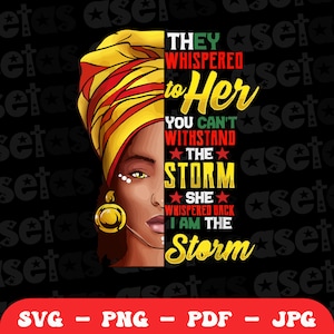 Peut inclure: Une illustration numérique d'une femme portant un turban jaune, rouge et vert. Le texte dit "Ils ont chuchoté à son oreille que tu ne peux pas résister à la tempête, elle a répondu en chuchotant : Je suis la tempête".