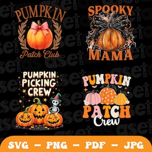 Peut inclure: Quatre designs différents pour des t-shirts d'Halloween avec des citrouilles, des squelettes et du texte. Les designs incluent "Pumpkin Patch Club", "Spooky Mama", "Pumpkin Picking Crew" et "Pumpkin Patch Crew".