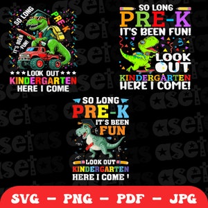 Peut inclure: Un design graphique coloré représentant un dinosaure portant un bonnet de graduation et tenant un diplôme. Le texte dit "So Long Pre-K It's Been Fun! Look Out Kindergarten Here I Come!"