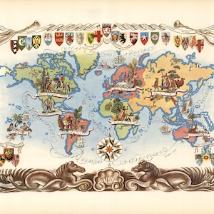 1951 Pictorial World Map | French Art Print | Mid Century Global Travel Poster | Vintage Illustrated Wall Art | French Decor Gift