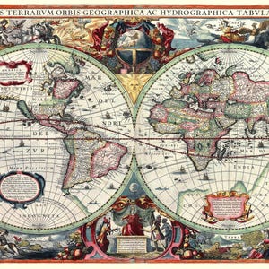 1652年の世界地図プリント | 本物の17世紀アンティークウォールアート | 歴史的な世界地図ポスター | 大航海時代の装飾品として歴史ギフト