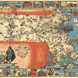 Massachusetts Karte 1930 | The Old Bay State Vintage Wandkunst | Historisches New England Reiseposter | MA Zustand Geschichte Dekor | Landkarte der USA