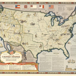 Carte de la guerre de Sécession 1845-1866 | Impression historique des frontières américaines | affiche vintage d'histoire des Etats-Unis | Art de la carte de l'Union confédérée | Nord-Sud, carte