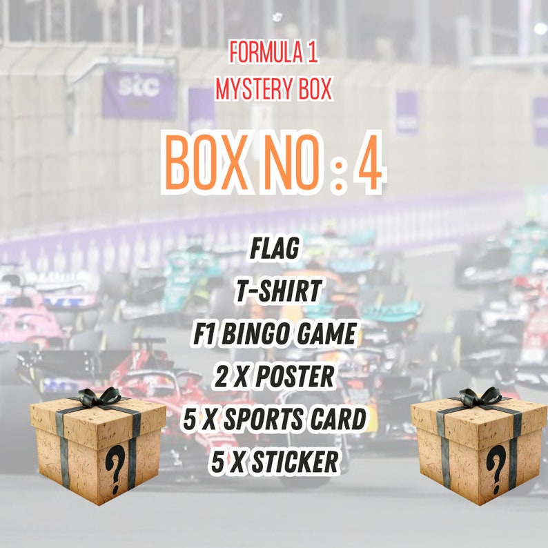 Formula 1 Mystery Box, F1 Mystery Box, F1 Gift Box, F1 Fan Custom gift, F1 Poster, F1 Bingo, F1 Sports Card, F1 Flag, F1 Shirt, F1 Sticker zdjęcie 5