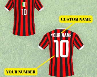 Maglia Milan personalizzata, Maglia da calcio Milan, Maglietta a righe Milan, Nome e numero personalizzati, regali AC Milan, Maglia rossa nera, Maglia da calcio retrò