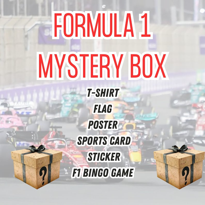 Formula 1 Mystery Box, F1 Mystery Box, F1 Gift Box, F1 Fan Custom gift, F1 Poster, F1 Bingo, F1 Sports Card, F1 Flag, F1 Shirt, F1 Sticker zdjęcie 1