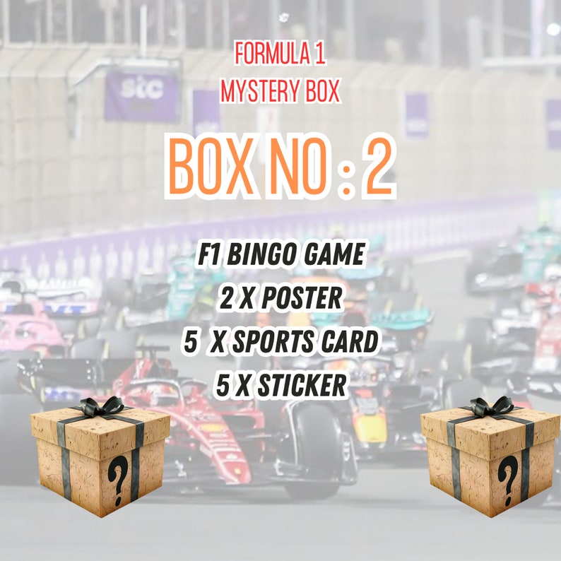 Formula 1 Mystery Box, F1 Mystery Box, F1 Gift Box, F1 Fan Custom gift, F1 Poster, F1 Bingo, F1 Sports Card, F1 Flag, F1 Shirt, F1 Sticker zdjęcie 3