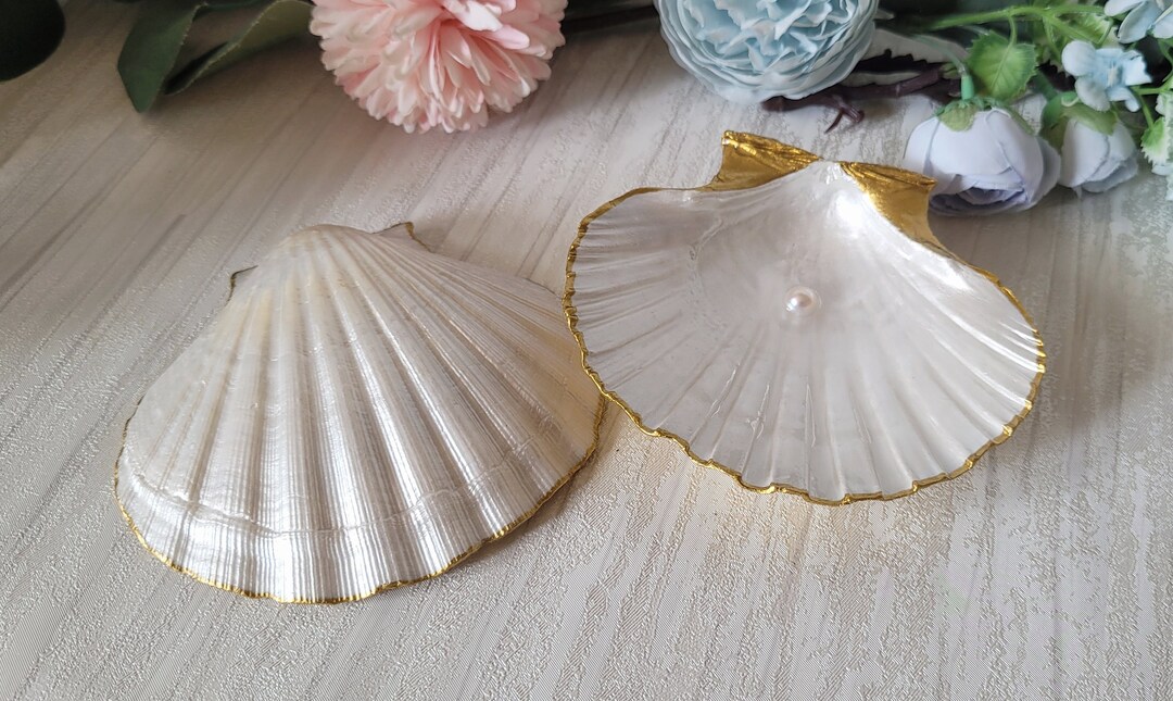 Scallop Shell Jewellery Ring Holder W Pearl, Wedding Ring Tray, Scallop ...