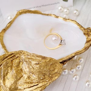 Gold Oyster Shell Ring Box with Pearl, Trinket Dish, Luxury Jewellery Holder,