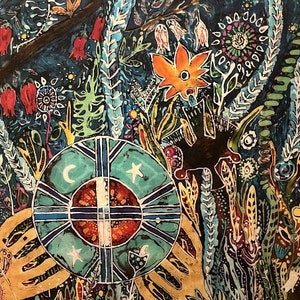May include: A colorful abstract painting with a circular design in the center. The design is surrounded by a variety of flowers, leaves, and other organic shapes. The painting is done in a vibrant palette of blues, greens, yellows, and oranges.