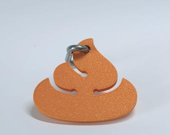 May include: A bright orange, textured, three-tiered swirl-shaped charm with a metallic silver jump ring attached to the top. The object features a flat, stylized design with a granular surface finish and a distinct, rounded, stacked appearance.