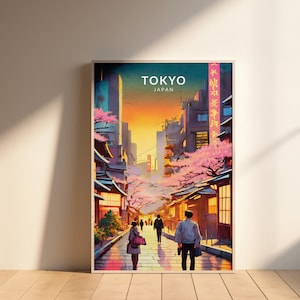 Cartel de viajes de Tokio, Impresión de carteles de Tokio Japón, Cartel de viajes vintage de Tokio, Arte de la pared de Tokio, Decoración de la pared de viajes de Tokio, Calle de la ciudad, Anochecer