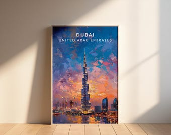 ドバイのスカイラインアートプリント：モダンなブルジュ・ハリファの旅行ポスター