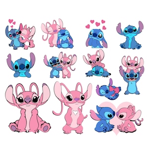 Może przedstawiać: Kolekcja ilustracji z kresk&oacute;wek przedstawiających postacie Stitcha i Angel z filmu Disneya Lilo & Stitch. Obrazy przedstawiają postacie w r&oacute;żnych pozach, z sercami i r&oacute;żowo-niebieską kolorystyką.