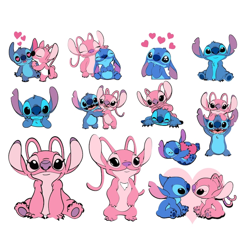 Może przedstawiać: Kolekcja ilustracji z kresk&oacute;wek przedstawiających postacie Stitcha i Angel z filmu Disneya Lilo & Stitch. Obrazy przedstawiają postacie w r&oacute;żnych pozach, z sercami i r&oacute;żowo-niebieską kolorystyką.