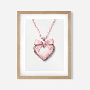 Blush Pink Bow & Heart locket Printable Art  - Coquette Aesthetic, Grandmillennial Balletcore Decor , trendy Preppy poster DIGITAL ONLY