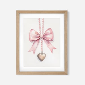 Blush Pink Bow & Heart locket Printable Art  - Coquette Aesthetic, Grandmillennial Balletcore Decor , trendy Preppy poster DIGITAL ONLY