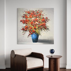 Lush Roses in Blue Vase - Vibrant Acrylic Floral Bouquet Painting for Living Room & Office Decor