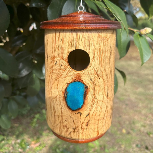 Custom Natural Birdhouse Hand-Turned on Lathe, made with upcycled wood for Bluebirds Wrens Nuthatches with a beautiful turquoise epoxy inlay
