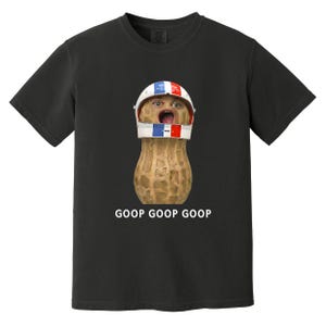May include: Black t-shirt featuring a peanut wearing a racing helmet with red, white, and blue stripes. The text "GOOP GOOP GOOP" is printed below the peanut image. A humorous design.