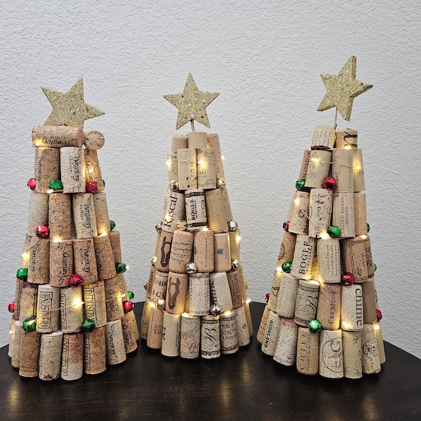 Wine cork Christmas Trees with lights and jingle bells