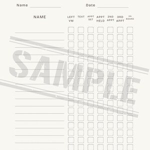 May include: A black and white printable call tracker with the text "CALL TRACKER" at the top. The tracker has columns for name, date, left VM, text, appointment set, appointment held, 2nd appointment, 3rd appointment, and on board.