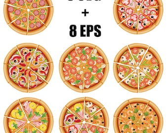 vector digital set of pizzas in SVG and EPS formats, vector pizza, svg pizza, eps pizza, fast food, Italian pizza, slice of pizza, pizzeria