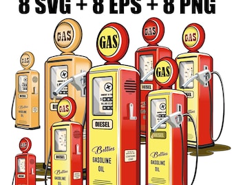 Vector retro gas station in SVG, EPS, PNG formats, petrol pump, gasoline, diesel, gas, fuel equipment clip art. Gas pump, sensor, tank, pump