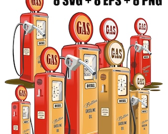 Vector retro gas station in SVG, EPS, PNG formats, petrol pump, gasoline, diesel, gas, fuel equipment clip art. Gas pump, sensor, tank, pump