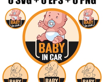 Vector digital set of stickers Child on board in SVG, EPS and PNG formats, child in car, svg file for cars, svg family, sticker for printing