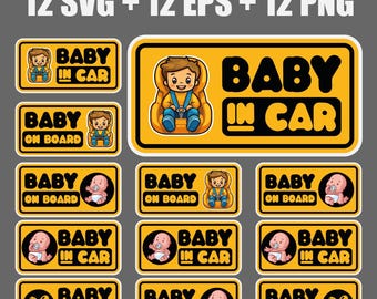 Vector digital set of stickers Child on board in SVG, EPS and PNG formats, child in car, svg file for cars, svg family, sticker for printing