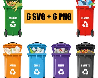 Vector set of trash container icons in SVG format, trash cans, waste disposal, garbage recycling, waste sorting, trash container icons