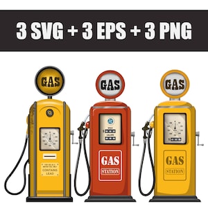 May include: Three vintage gas pumps with yellow, red, and orange paint. Each pump has a sign that says "GAS" and a price gauge. The pumps are on a white background.