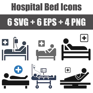 May include: Six black and white icons depicting different types of hospital beds. The icons include a bed with a patient receiving an IV drip, a bed with a patient with a broken arm, a bed with a patient with a cast on their leg, a bed with a patient with a heart monitor, a bed with a patient with a bandage on their head, and a bed with a patient with a cast on their foot.