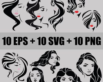 Female Face Silhouette Vector Set: Woman Icon EPS, SVG, PNG (Digital Download)