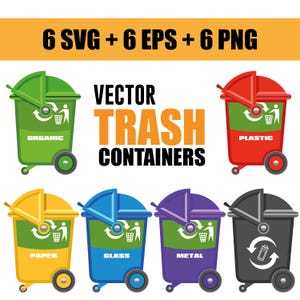 Könnte beinhalten: Sechs farbige Mülltonnen mit Rädern und Deckeln. Jede Tonne hat ein anderes Recyclingsymbol und eine andere Beschriftung: Bio, Plastik, Papier, Glas, Metall und ein allgemeines Recyclingsymbol.