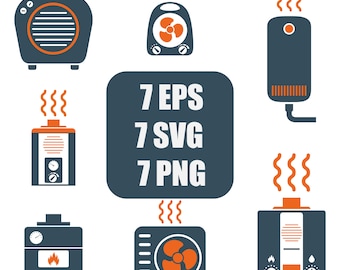 A vector digital icon set of radiators, heaters, gas boilers, gas water heaters, fan heaters, and water heaters in SVG, EPS, and PNG formats
