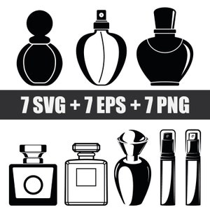 May include: A set of seven black and white silhouette illustrations of perfume bottles. The bottles are in various shapes and sizes, with some featuring a spray nozzle and others a stopper. The illustrations are perfect for use in digital or print projects.
