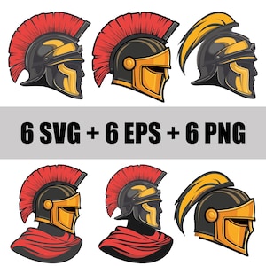 May include: Six vector illustrations of a Roman gladiator helmet with a red and gold design. The helmet is shown in three different views: front, side, and back. The helmet is a popular symbol of strength and courage.