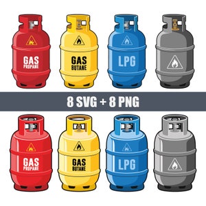 Puede incluir: Ocho ilustraciones de tanques de gas propano, butano y GLP. Los tanques son rojos, amarillos y azules. Cada tanque tiene una etiqueta de advertencia y el texto "GAS PROPANE", "GAS BUTANE" o "LPG".