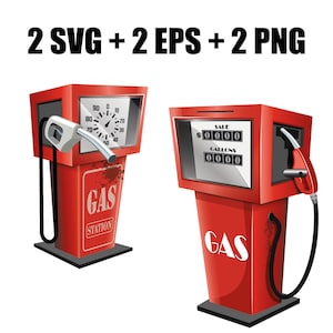 May include: Two red gas pumps with a black hose and nozzle. The pump on the left has a round gauge with numbers from 0 to 90. The pump on the right has a digital display with the words "SALE", "$0000", "GALLONS", and "0000". Both pumps have the word "GAS" printed on them.